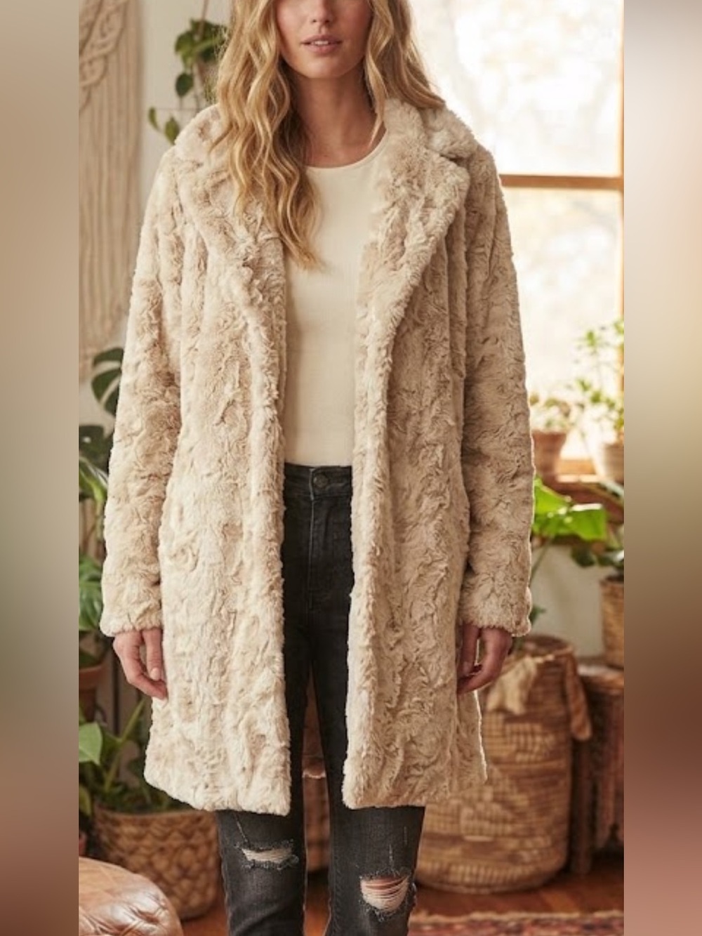 Georgie Cream Teddy Faux Fur Jacket Cozy Classic Minimalist Sz S